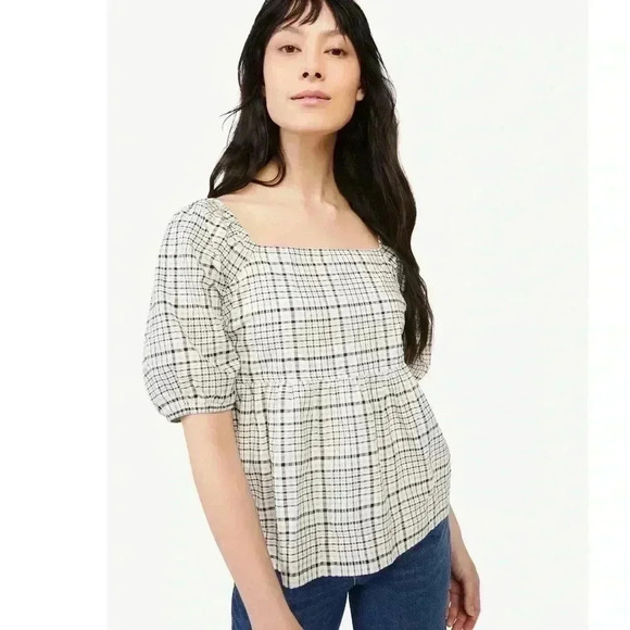Free Assembly Tops - Free Assembly Size XS Ivory Plaid Organic Cotton Women's Puff Sleeve Blouse Top